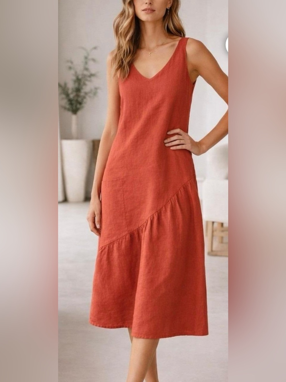 EUC Garnet Hill Sleeveless Terracota Rust Linen Midi Dress , size 12